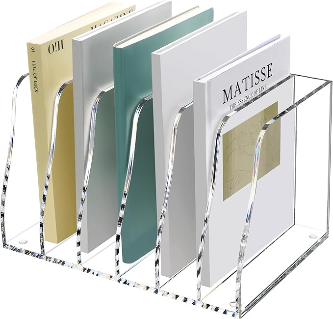 SANRUI Acrylic Desk File Organizer, 6 Vertical Compartments Clear Magazine File Holder Workspace Sorters, Folder Rack for Office Accessories Organization Storage