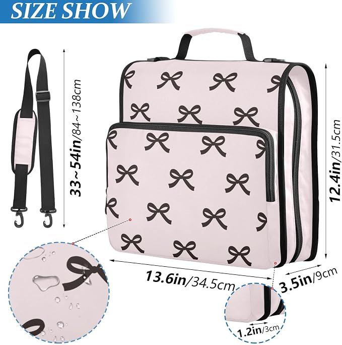 Beauty Black Bow Pink Zipper Binder with Shoulder Strap Trapper Keeper 3 Ring Binder Organizer Large Capacity Multiple Compartments for School Office