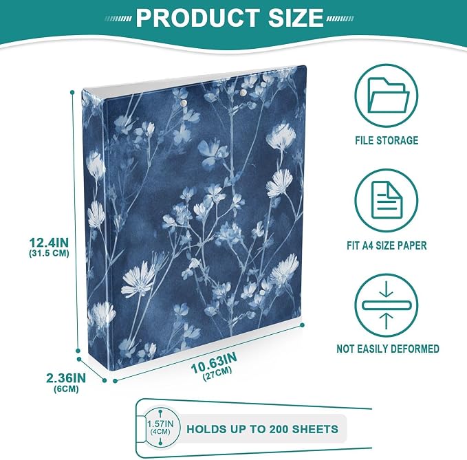 Tie-dye Blue and White Floral Binder 3 Ring 1.5 Inch Binder with Clipboard&Pockets, Hardcover Binders Heavy Duty Large File Folder for Office School Supplies - Holds 200 Sheets