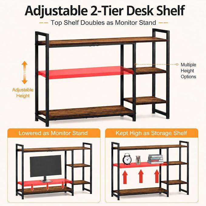 Snughome Adjustable Desk Shelf with Monitor Stand, 38.6" Desktop Organizer Hutch, Height Adjustable Computer Monitor Riser & 4 Tier Storage Bookshelf for Home Office Dorm