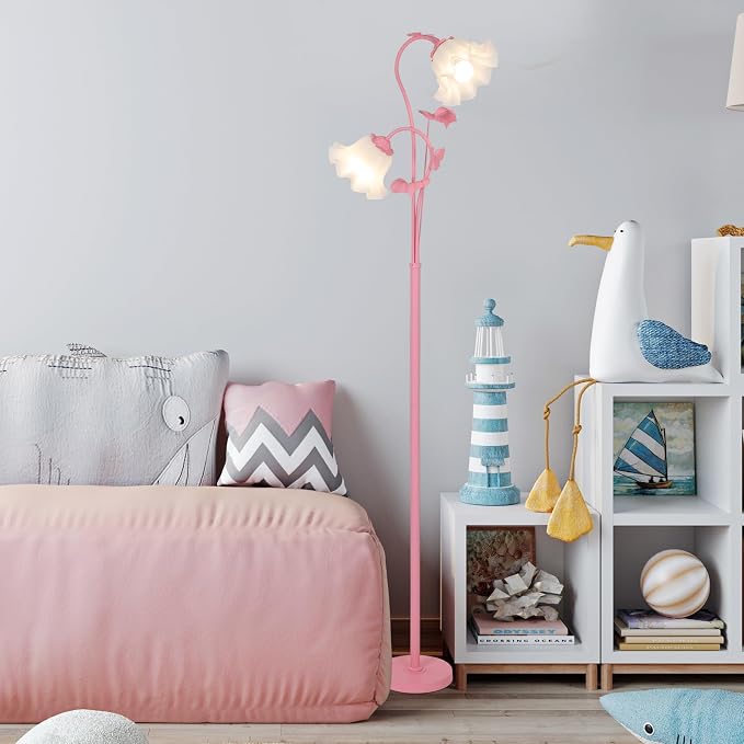 HMVPL Pink Flower Floor Lamp, Floral Standing Lamp with 2 LED 5W Blubs, Foot Switch, Modern Corner Tall Lamp with Acrylic Shade, Girls Cute Floor Lamp for Living Room Bedroom Office Kids Reading