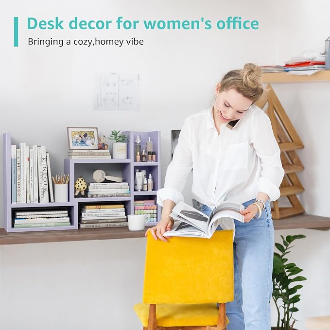 NUTIKAS Desk Shelves Desktop Organizer Shlef - Purple Office Organization for Top of Desk Organizers and Accessories Corner Bookshelf Table Top Shelving Small Hutch Decorations for Women Office