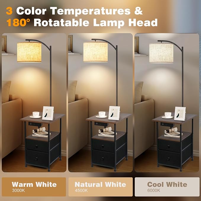PESRAE Floor Lamp with Table & 2 Drawers, End Table with 3 Color Temperature Reading Light, Side Table Lamp with USB & Type C & AC Charging Port for Living Room, Bedroom