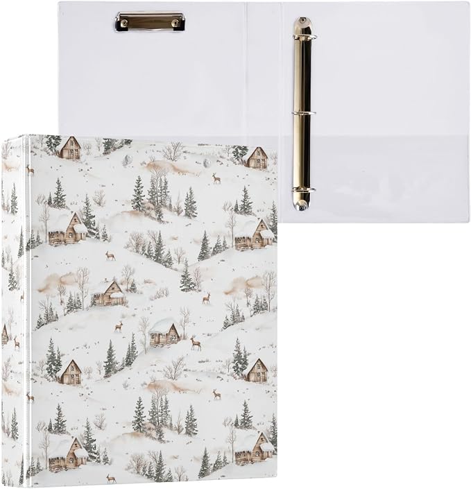 Farmhouse Winter Deer Cottage Fir Tree 3 Ring Binder 1.5" Decorative D-Ring Binder with Clipboard&3 Clear Pockets, Holds 200 Sheets A4 Size Paper Waterproof Binders for School Home Office|2 Pack