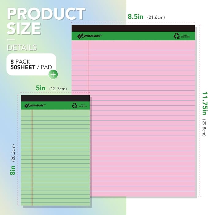 KAISA Colored Legal Pad 15lb Recycled Paper Writing Pad, 4pcs 5"x8" Narrow Ruled and 4pcs 8.5x11 inch Wide Ruled, 50 Sheets, Mixed 8pads, KSU-7358