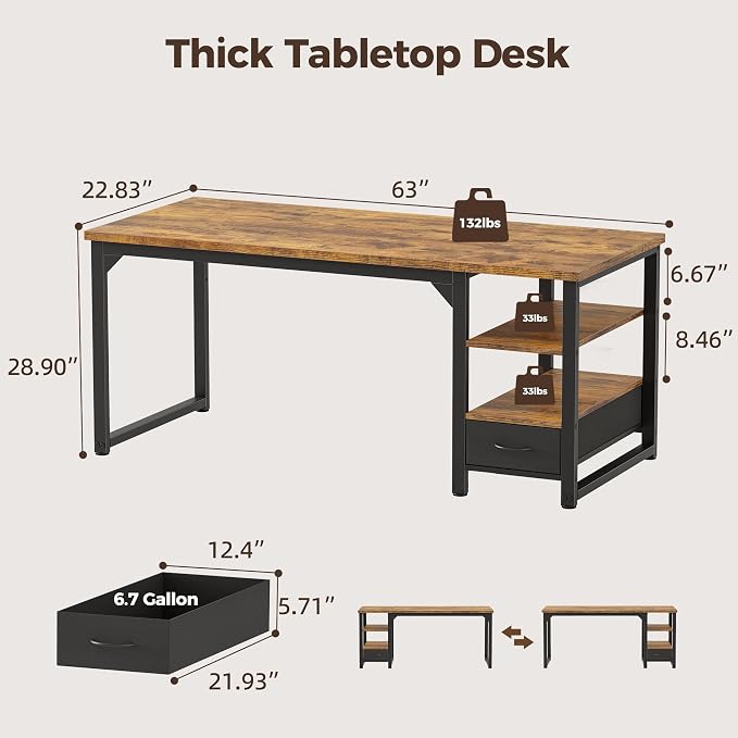 63 in Computer Desk with Drawer, 1" Thick Reversible Office Desk | Large Modern Writing Table with Storage Shelves, Heavy Duty Industrial Executive Desk for Home Bedroom Study Work