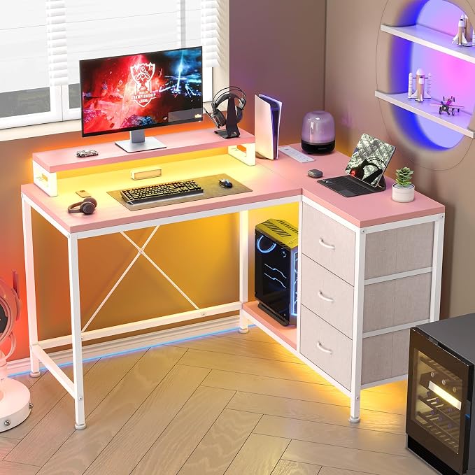 Garvee L-Shaped Computer Desk with Power Outlets & LED Lights - 43-Inch Reversible Corner Gaming Desk with 3 Drawers, Storage Shelves & Removable Monitor Stand, Modern Home Office Desk