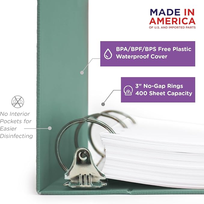 Carstens 3-Inch Heavy Duty 3-Ring Binder - Side Opening, Mint, Durable Plastic, Precision No-Gap Rings, Waterproof Cover, No Pockets, Holds 400 US Letter Sheets, BPA-Free, Made in USA (1748-3R)