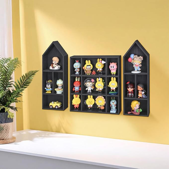 Ikee Design 3-Pc Wooden Shadow Box Shelf for Collectibles | 17 compartments Wooden Shadow Cubby Box Display Shelf Organizer Storage Shadow Box for Collectibles, Figures, Black