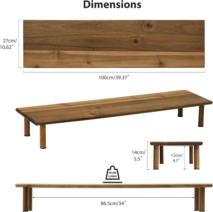 Dual Monitor Stand Riser, Acacia Wood Desktop Shelf with Storage | 39.37-Inch Wide, Under-Shelf Storage for Keyboard, Mouse and Laptop, Fits Two 24-Inch Monitors in Home Office