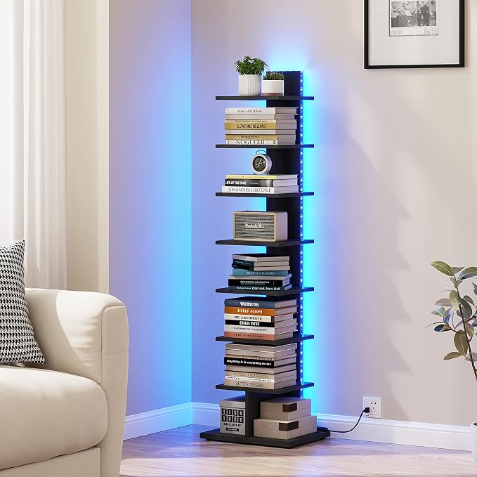 TUTOTAK Book Shelf, Narrow Spine Bookshelf, 8-Tier Bookcase with LED Lights | 10.4 x 13.4 x 47.5 Inches Vertical Freestanding Corner Shelf for Living Room, Office, Small Space, Black BS06BK008L