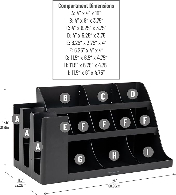 Mind Reader Large Cup and Condiment Station, 14-Compartment Countertop Coffee Organizer for Cups, Lids, Condiments and Supplies, Black