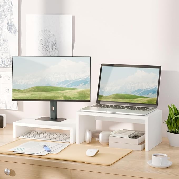 TEAMIX 2-Pack White Monitor & Laptop Stand Riser, High-Low Dual Monitor Set | Stacked/Separate Use, Adjustable Computer Stand for 2 Monitors, Holds 80Lbs, Wood Desk Organizer, for Home Office, Gaming