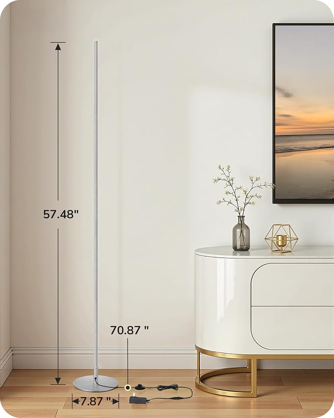 EDISHINE 57.5" Floor Lamp with Remote & Foot Switch, Dimmable & 7CCT | 2700-6000K, Minimalist Corner Floor Lamp for Living Room, Bedroom, Home Office, Sturdy Base, White