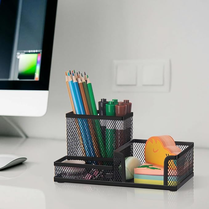 Comix 6 Packs Mesh Pen Holder, Desk Organizer for Home Office, Black | 3 Compartment Pencil Holder, Sticky Notes Holder, Pen Organizer Office Supplies