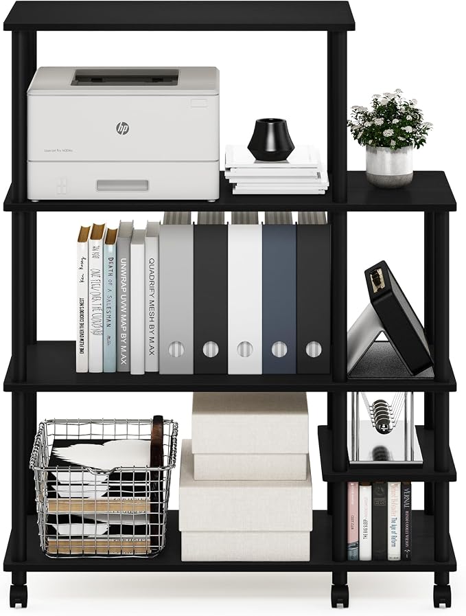 Furinno Turn-N-Tube 4-Tier Wide Toolless Multipurpose Printer Stand Display Storage Shelf with Wheels, Americano/Black