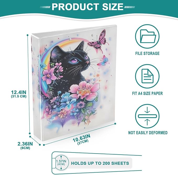ALAZA 3 Ring Binder Beautiful Black Cat Clipboard Round Ring Binder Holds 1.5 Inch Three Rings Binders for Office Supplies, 1Pack