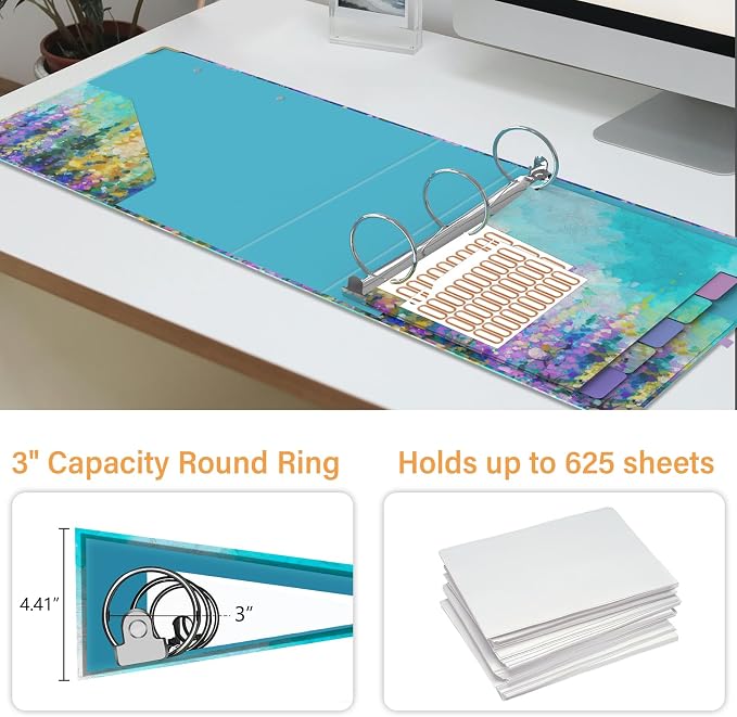 3 Ring Binder 3 Inch Ring, Three Ring Binders for Letter Size 11" x 8.5" with 6-Tab Dividers, 2 Pockets, Binder with Clip for School and Office Supplies-Purple Oil Painting