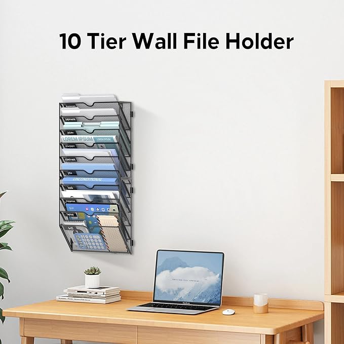 10 Tier Wall File Organizer Office Hanging Mail Holder Wall Mounted, Mesh Paper Document Organizer for Office Home School, Black | Wall Organizer and Wall Mounted File Holder with 10 Pockets and Label Panels for Files, Mail, Folders, Magazines and Paper