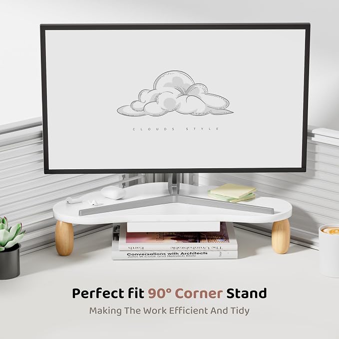 AFOOYO Monitor Stand Riser,Cloud-Shaped Sturdy Wood 16.5In Computer Monitor Riser Wirh Drawer, Multi-Purpose Desktop Organizer Riser for Computer,Laptop,Printer,TV,White