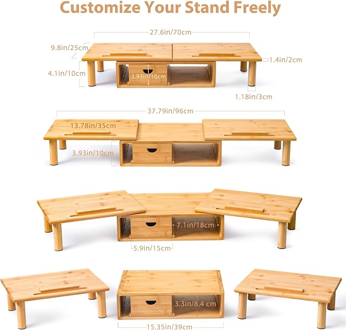 Dual Monitor Stand Riser with Drawer for Desk Laptop | Desk Shelf with Adjustable Length and Angle, Bamboo Computer Stand Riser for 2 or 3 Monitors Screen Laptop PC TV -Natural