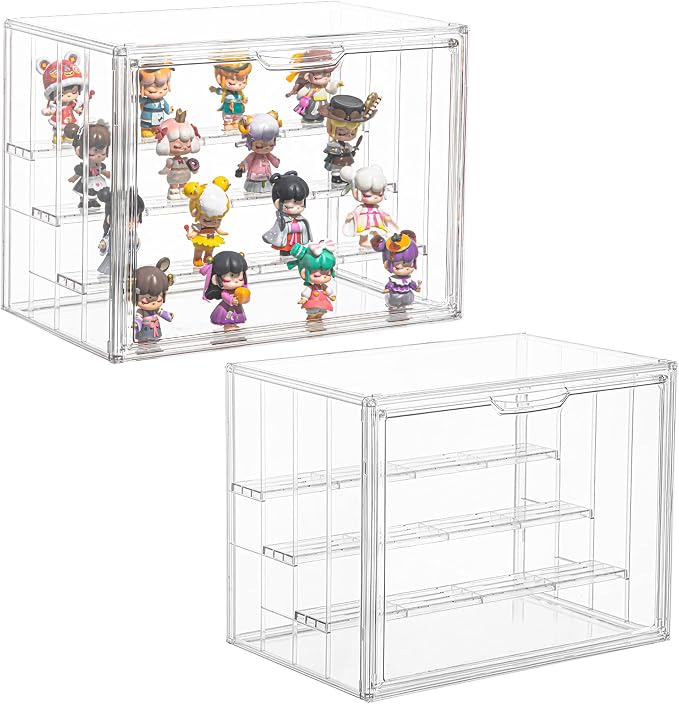 4 Layer Stackable Acrylic Figure Case for Collectibles Display Box,2 Pack | Removable Adjustable Partitions & Magnetic Door,Interlocking Stable Design,Dustproof Cover for Figurine Storage