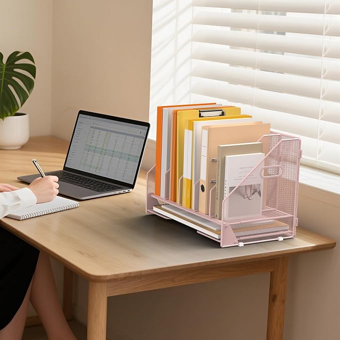 5 Vertical Mesh Desk Organizer with Paper Letter Tray, Pink | Sorting racks with lower letter tray section. Multipurpose mesh desktop space saver for home office and school