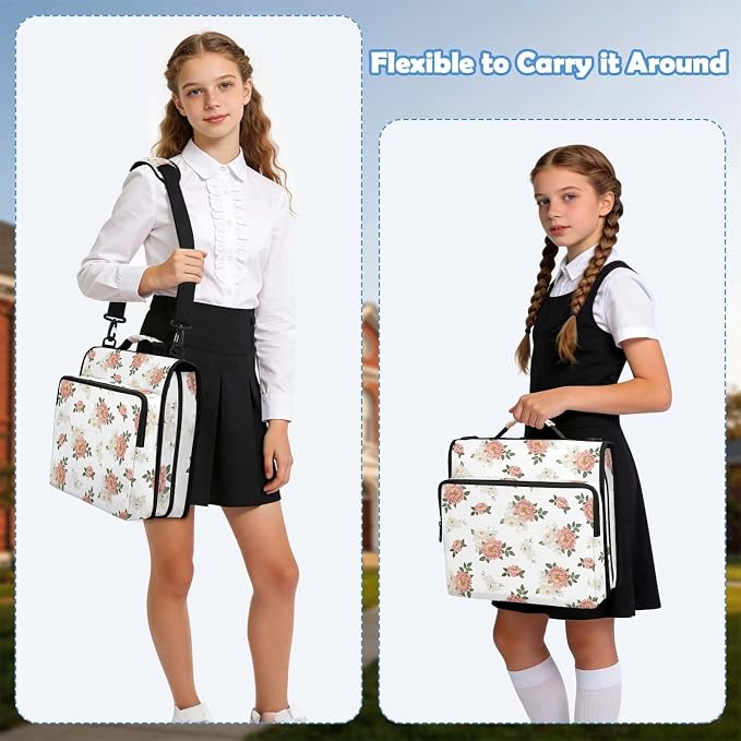 Floral Flowers Zipper Binder File Organizer Bag 3 D-Ring | with Shoulder Strap, Holds 500 Sheets & 14in Laptop, 3 Ring Binder for Office Supplies