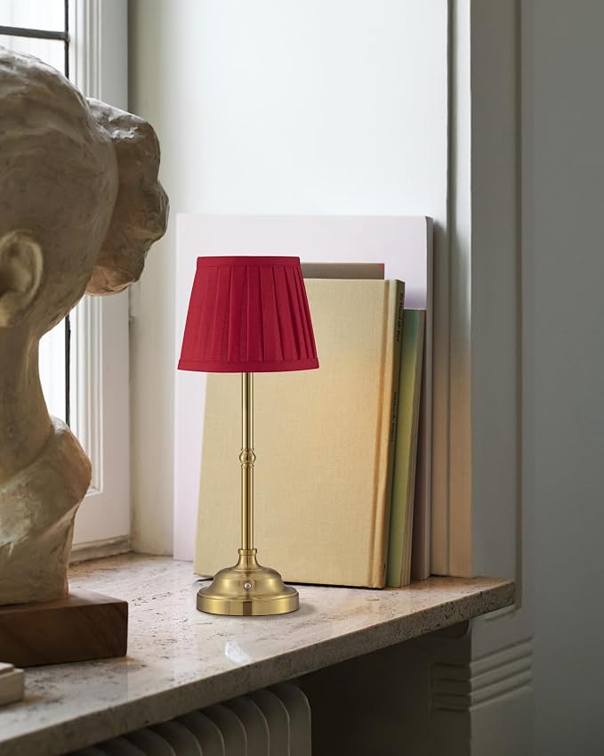 KDG Gold Cordless LED Table Lamps Set of 2, Red Fabric Shade Desk Lamps | Portable 4000mAh Rechargeable Battery Powered, Dimmable Lighting for Dining Room, Bedroom, Bedside, Night Light, Balcony
