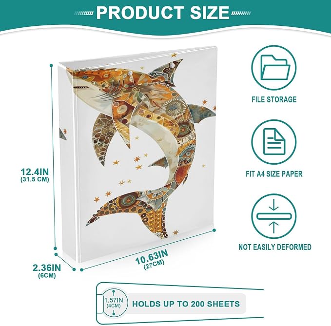 3 Ring Binder, Brown Beige Shark Folk Art File Folder Holds 200 Sheets File Storage for Women Men School Office Supplie