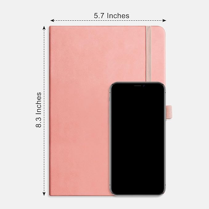 RETTACY Bullet Dotted Journal Notebook, 256 Pages, A5 Medium Size (5.7'' × 8.3''), Leather Hardcover, 120 GSM Thick Paper, for Bullet Journaling, Planning, Tracking (Pink)