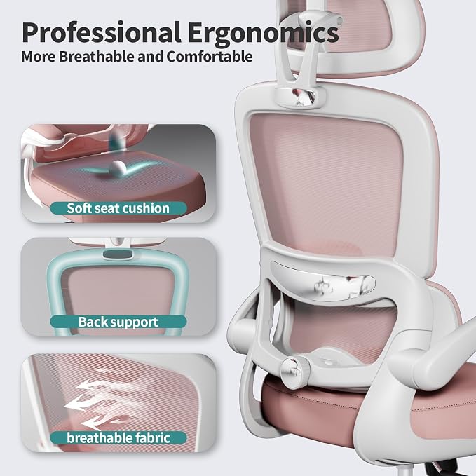 TRALT Office Chair Ergonomic Desk Chair - Gaming Chair with Lumbar Support | 330 LBS Home Office Desk Chairs with Headrest, Reading Chair with Flip-up Armrests, Comfortable Computer Chairs (1, Pink)