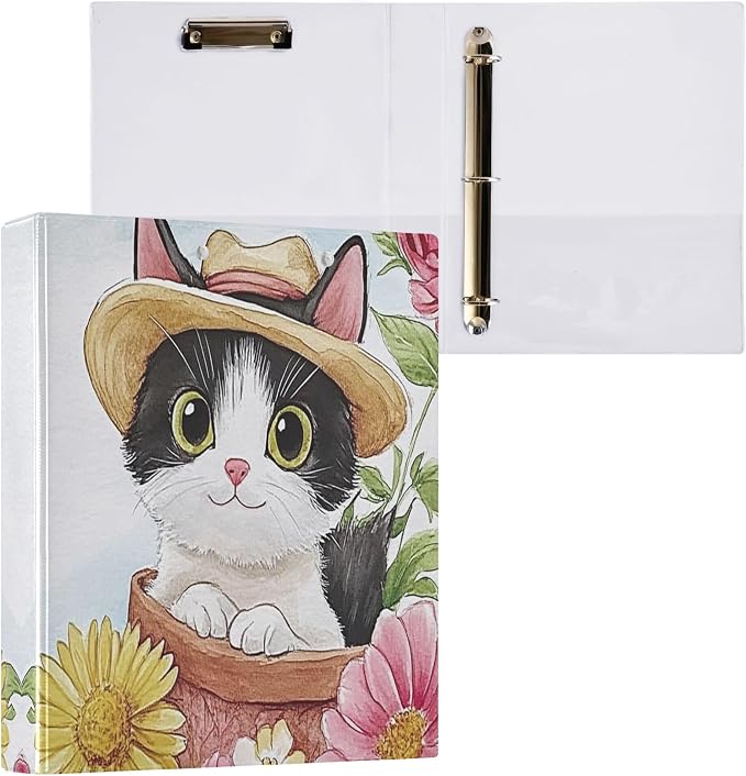 Cat Round Ring Binders 1.5 Inch Sunflower 3 Ring Clipboard Binder for Office School Work Supplies Document 200 Sheet Capacity Easy Open 2 Pieces