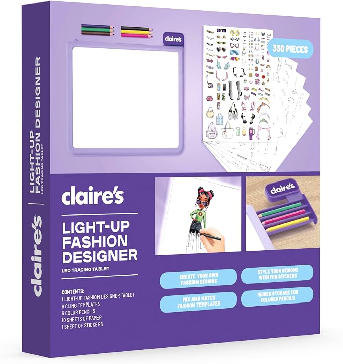 Claire’s Light-Up Fashion Designer LED Tracing Tablet - 330-Piece Arts & Crafts Kit| Fashion Templates, Stickers, Colored Pencils & Paper| Kids Coloring & Drawing Board Activity| Girls Toy Gift|Age 8+