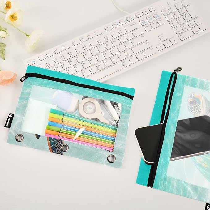 Sea Turtle Pencil Pouch for 3 Ring Binder, 2 Pack Waterproof Pencil Bags Clear Window Zipper School Office Supplies