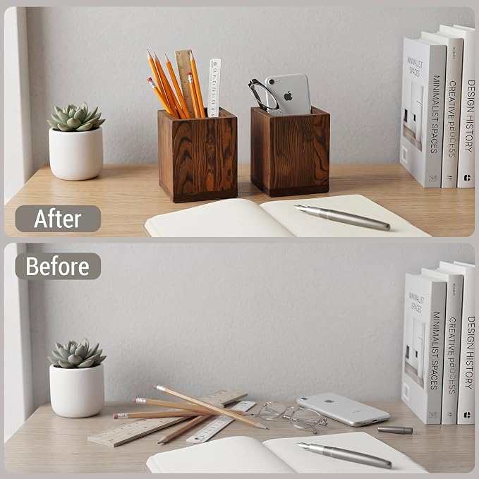MyGift 2pc Natural Wood Pen Holder Pencil Cup, Desktop Organizer | Two matching cups keep writing tools, art supplies, craft brushes, and small accessories neatly contained and easy to reach