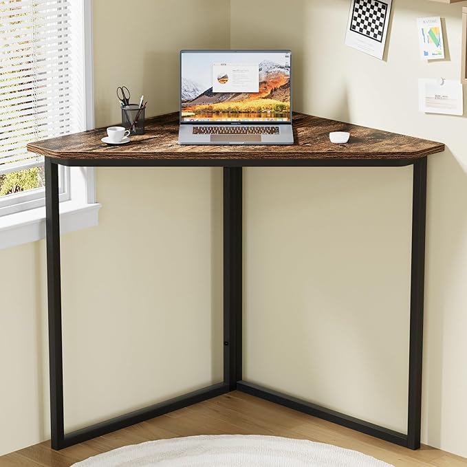 VECELO Corner Desk,Office Tables for Living Room for Small Space Triangle Computer Desk with Steel Frame Corner Shelves with Metal Frame Writing Desk for Workstation Retro Brown 33.1"