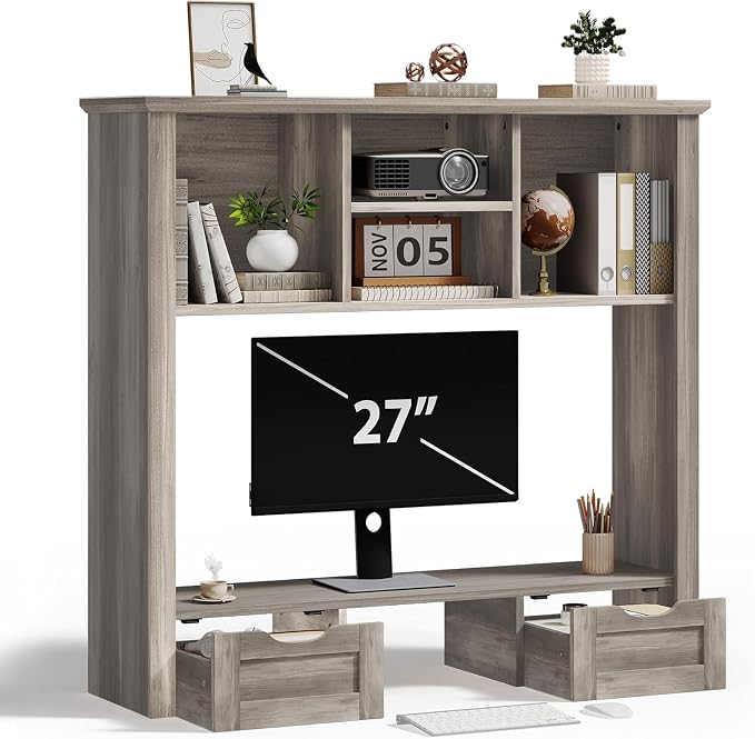 Desk Shelf with Computer Monitor Stand, 37.4''W Desktop Bookshelf | Display Rack, Desktop Organizer Storage Rack with Cubbies & Drawers, 5-Tier Hutch for Home, Office, Dorm, Vanity, Grey