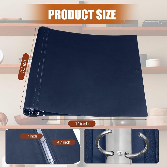 Teling 1 Pcs Leather 3 Ring Binder Holds 8.5 x 11 Inch Paper Binder Organizer Vintage Faux Leather Portfolio Folder Planner for Office Home Document Photo Diary Supplies (Navy Blue)