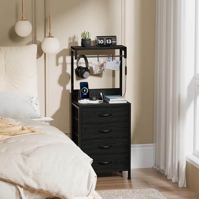 Nightstands Set of 2, 38" Tall Bedside Table with Charging Station | Charging Station & RGB LED Lights, 4 Fabric Drawers & Storage Wood Shelves, Metal Frame, Black Night Stand for Bedroom Dorm