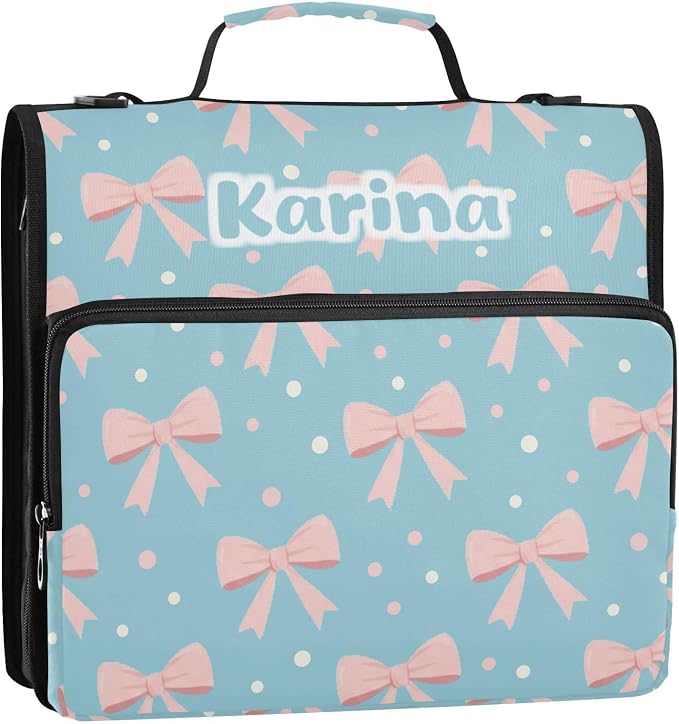 Custom Bow Pink Blue Pattern 3 Ring Zipper Binder with Shoulder Strap & Handle 1.5 Inch D-Ring Zippered Bag with Multiple Pocket, Personalized Binder Organizer for School or Office