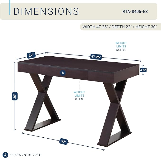 Techni Mobili 47" Trendy Writing Desk w/Drawer,Modern Home Office,Espresso | 47" modern writing desk with storage drawer, sturdy frame, sleek espresso finish, and compact workspace ideal for home office