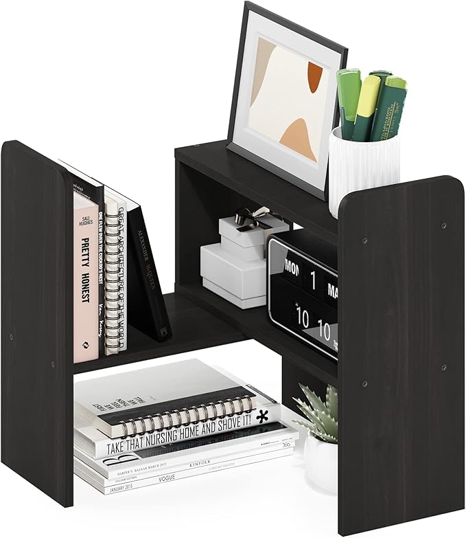 Furinno Classic Desktop Organizer Storage Rack Adjustable Free Style Rotation Display Bookshelf, Espresso 6.7D x 23.7W x 15.67H in