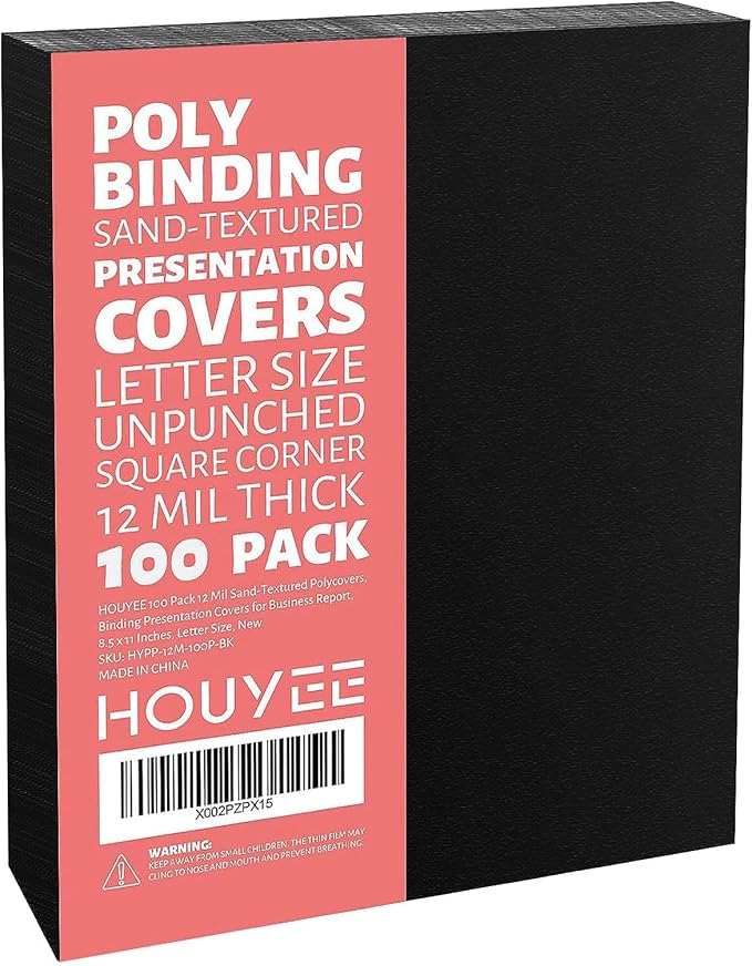 HOUYEE 100 Pack 12mil Binding Presentation Covers, Sand Texture, Black | Plastic Back Binding Polycovers, 8.5x11 Inch Letter Size, Square Corners,Un-Punched, Office & School Supplies