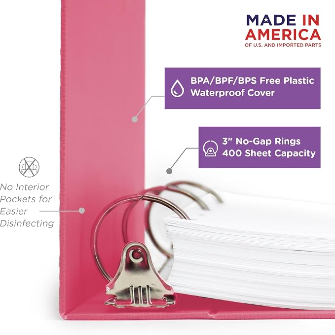 Carstens 3-Inch Heavy Duty 3-Ring Binder - Side Opening, Bubblegum Pink, Durable Plastic, Precision No-Gap Rings, Waterproof Cover, No Pockets, Holds 400 Letter Sheets, BPA-Free, Made in USA (1708-3R)