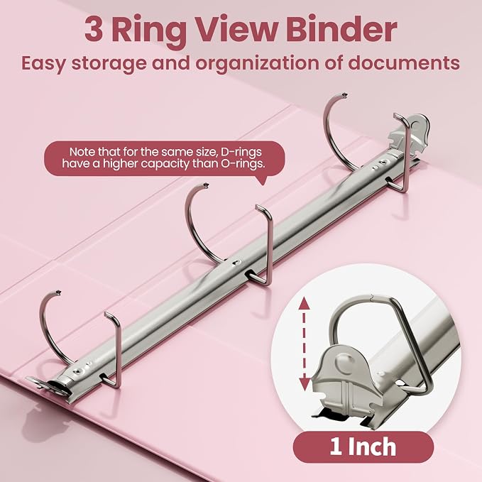 SUNEE 3 Ring Binder, 1 Inch D Ring, Clear View PVC-Free (Fit 8.5x11 Inches), Pink, 1 Pack