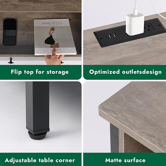 27 Inch LED Nightstand with Charging Station, 2 Drawers, Gray | RGB App Control, 2 AC Outlets & 2 USB Ports, Open Storage, Adjustable Feet, Wood Tall Nightstand for Bedroom or Office