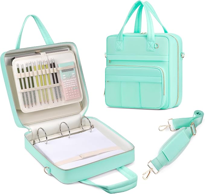 Zipper Binder | 3 Inch O-Ring, 600 Sheet Capacity Trapper Keeper with Shoulder Strap & Handle, Binder Bag with Multiple Storage Pockets, Fits 13" Laptop (Mint Green)