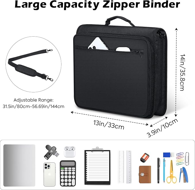 MoKo Zipper Binder, 2-Inch 3-Ring, 500 Sheets, 5-Tab File Folders, Black | 420D nylon with five dividers, multiple pockets, a padded handle and adjustable shoulder strap.