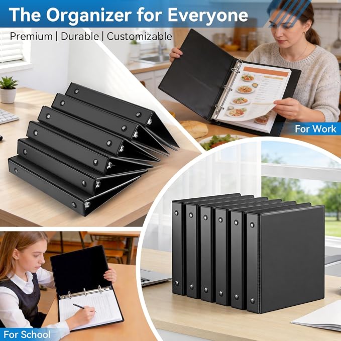 SUIN Mini 3 Ring Binder A5 Size 5.5"x8.5", 1" Round Ring 200 Sheet Capacity, Bulk 6 Pack Black Binders for School Office